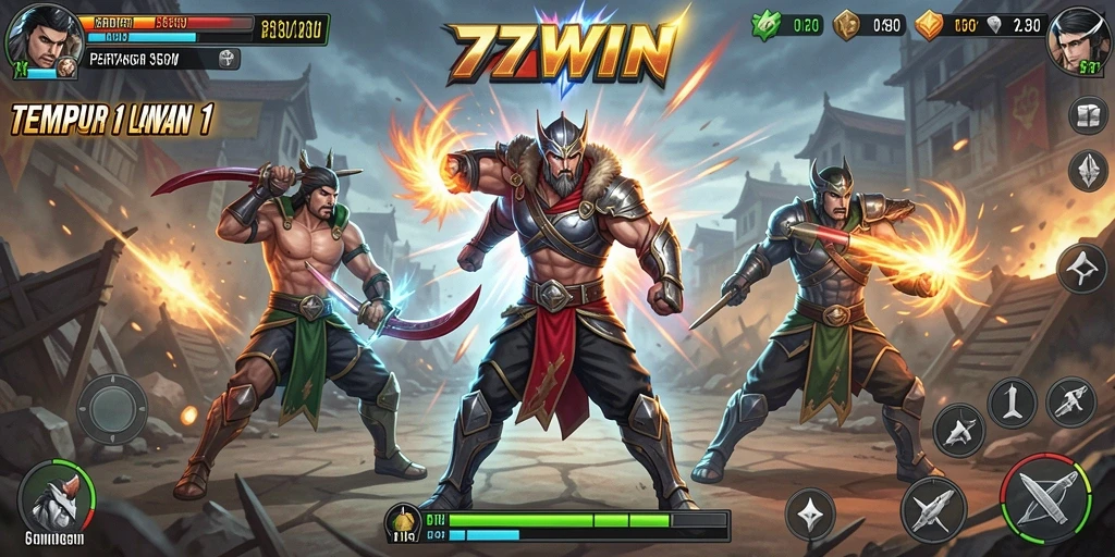 Antarmuka pertarungan seru di 77WIN dengan grafis menakjubkan.